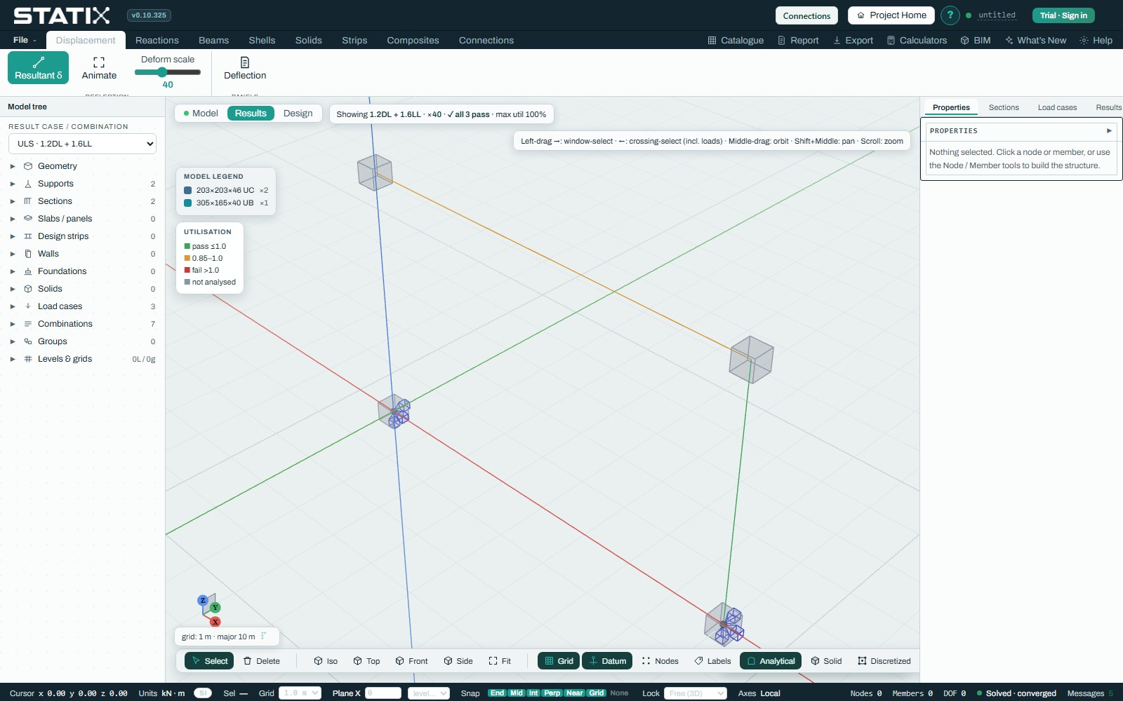 A solved steel frame with the results workspace open