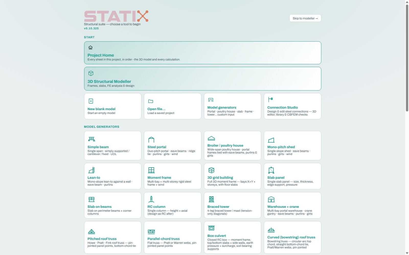 STATIX start page with the tool and generator library