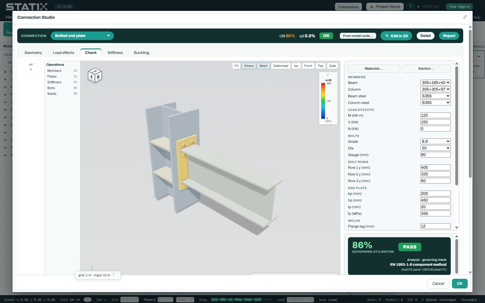 STATIX Connection Studio showing a CBFEM end-plate connection with a finite-element stress contour and component checks