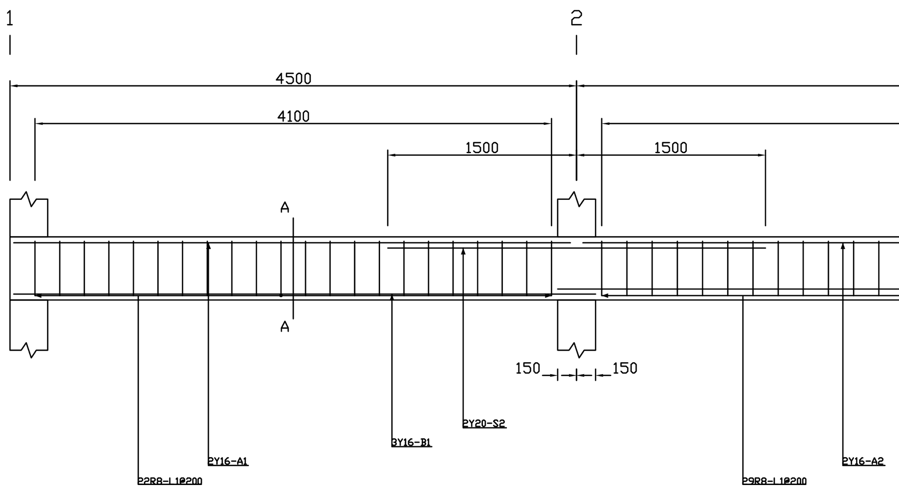 STATIX 2D continuous beam elevation with top, bottom and support bars