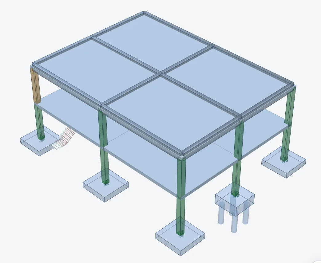 Two-storey RC frame with slabs, beams, columns, pad footings, a stair and a pile cap