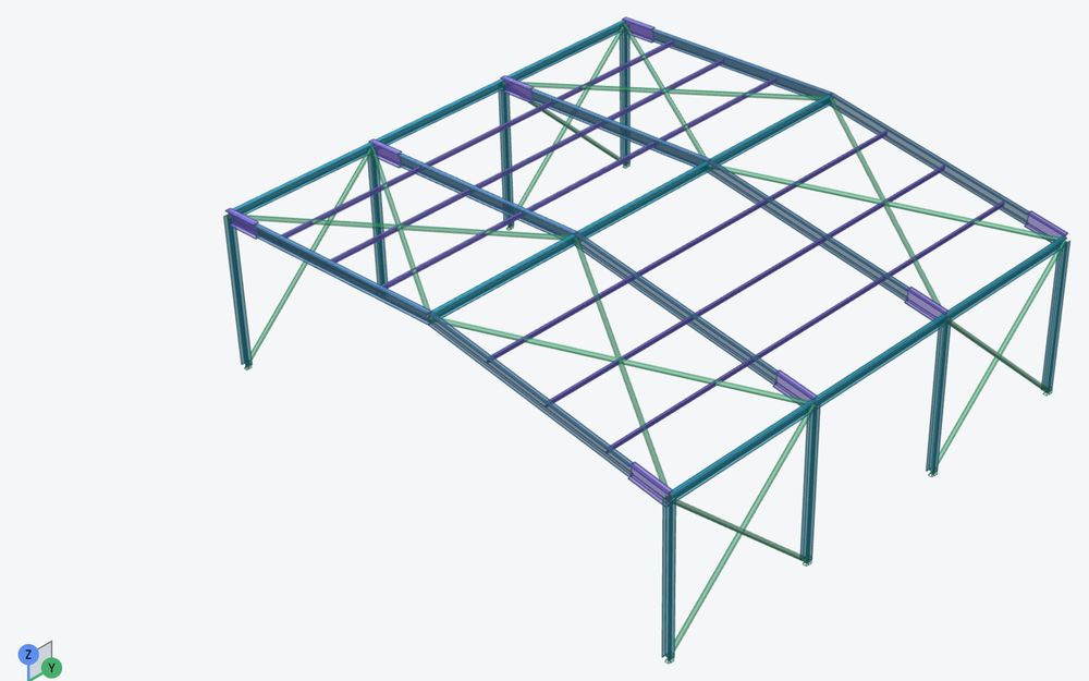 Steel portal frame warehouse with member utilisation colours