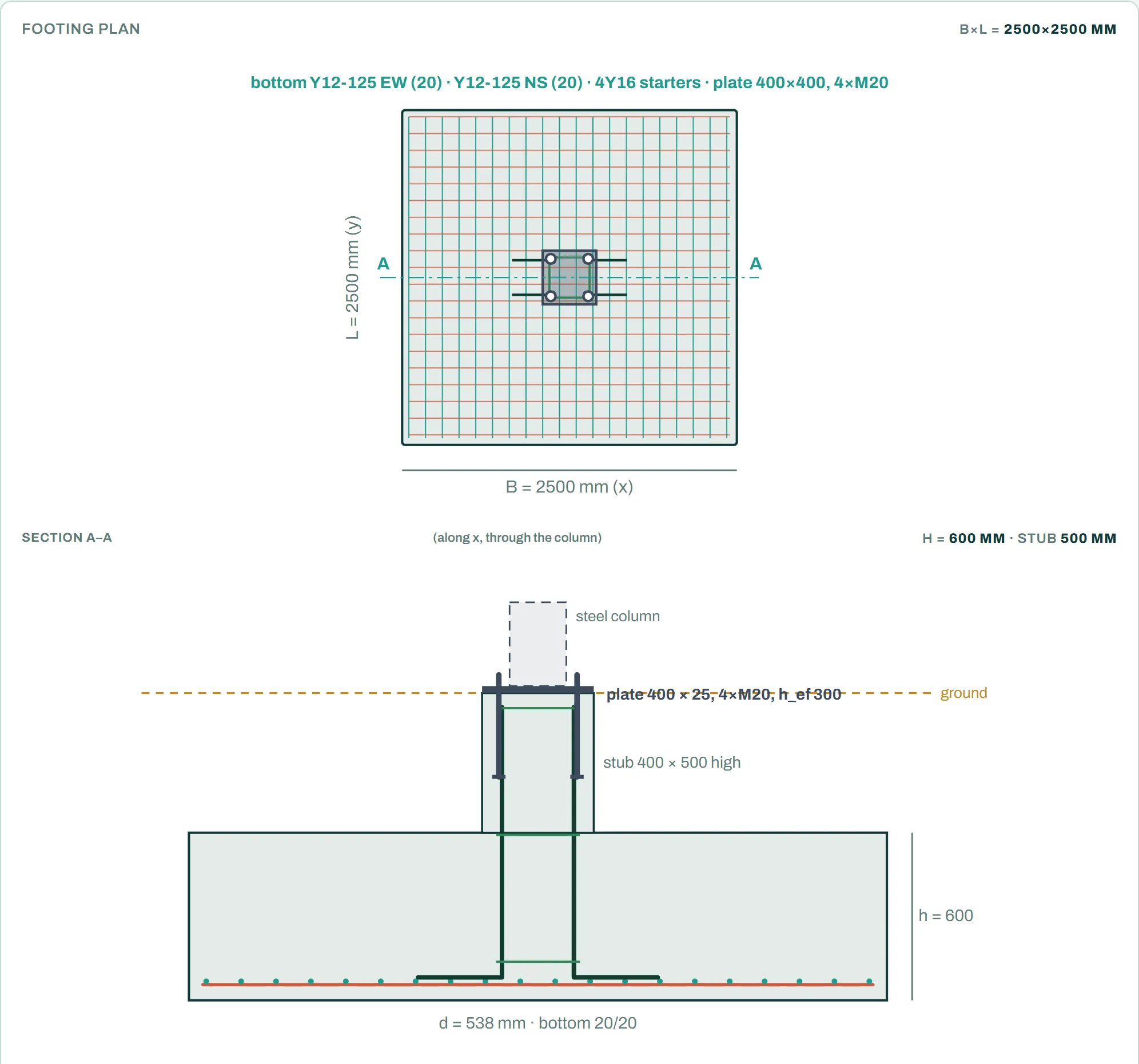 Free pad footing calculator: footing plan with bottom bars and starters, and a section through a stub carrying a steel base plate with holding-down bolts