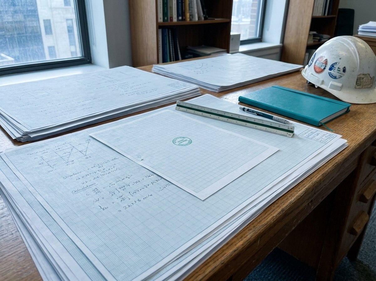A drawing-office desk with printed calculation sheets, a scale rule and a hard hat